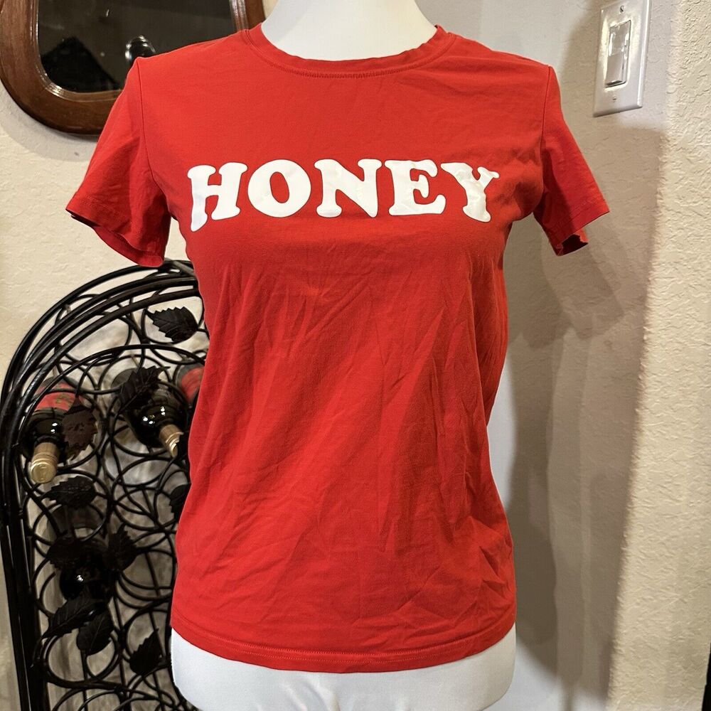 Bold Red "Honey" Graphic Tee – Size Small, Cotton-Spandex Blend Vintage Look